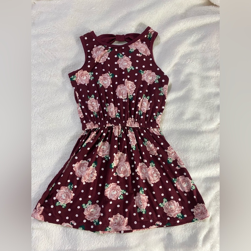 Poof Girl Burgundy Pink Floral White Polka Dot Bow Back Sleeveless Girls Dress S